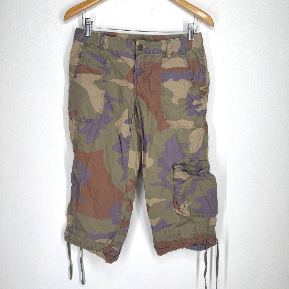 London Jean Camo Cargo Crop Pants Women 4 Green Purple Camo Drawstrings Grunge